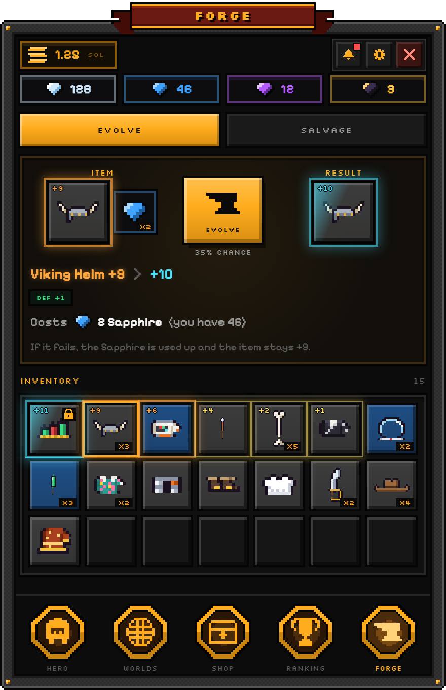 The evolve your gear screen of Desktop Trade Heroes