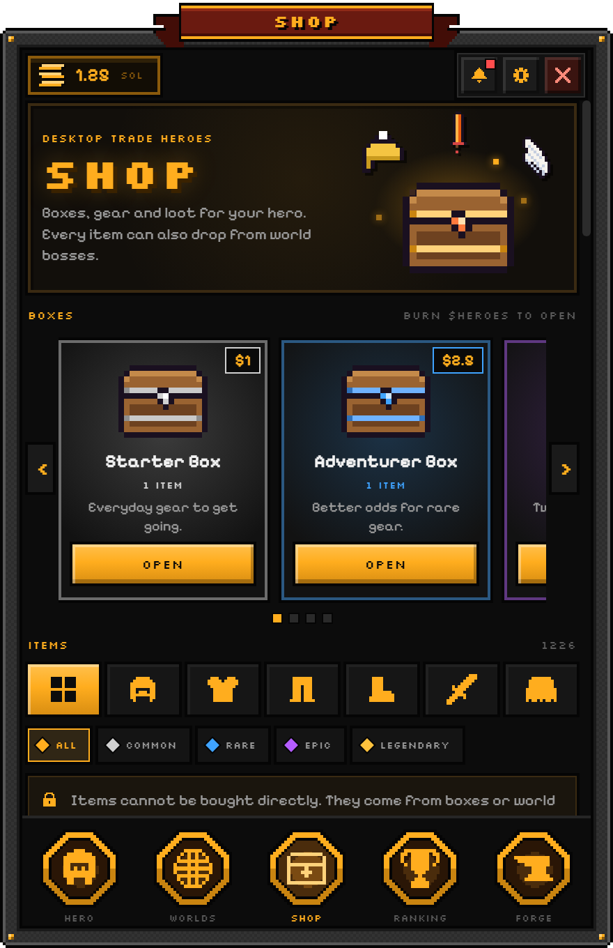 The open item boxes screen of Desktop Trade Heroes